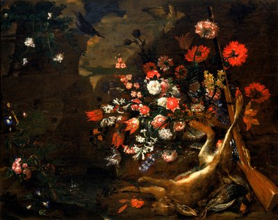 Still life with flowers and game by Bartolomeo Bimbi